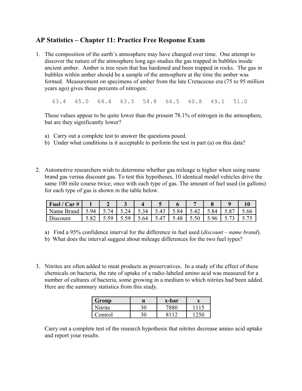 AP Statistics Chapter 11: Practice Free Response Exam