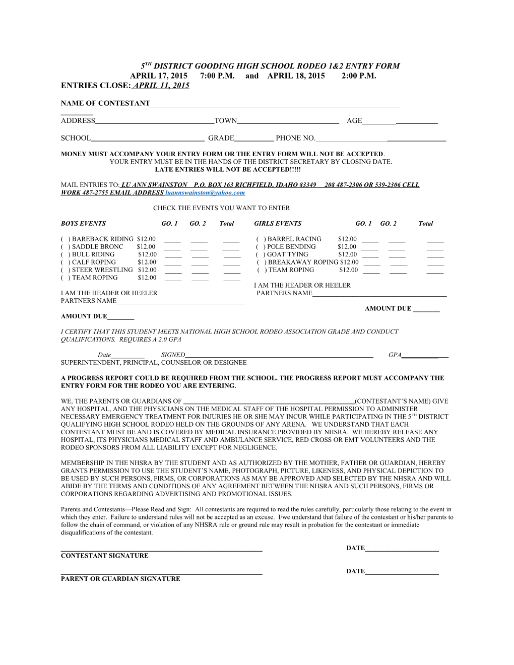 5Th District Glenns Ferry High School Rodeo Entry Form