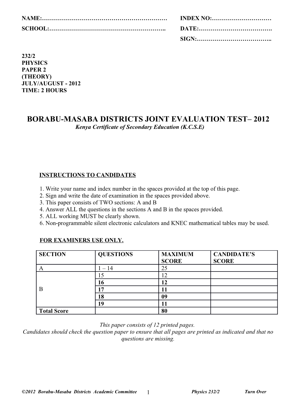 Borabu-Masaba Districts Joint Evaluation Test 2012
