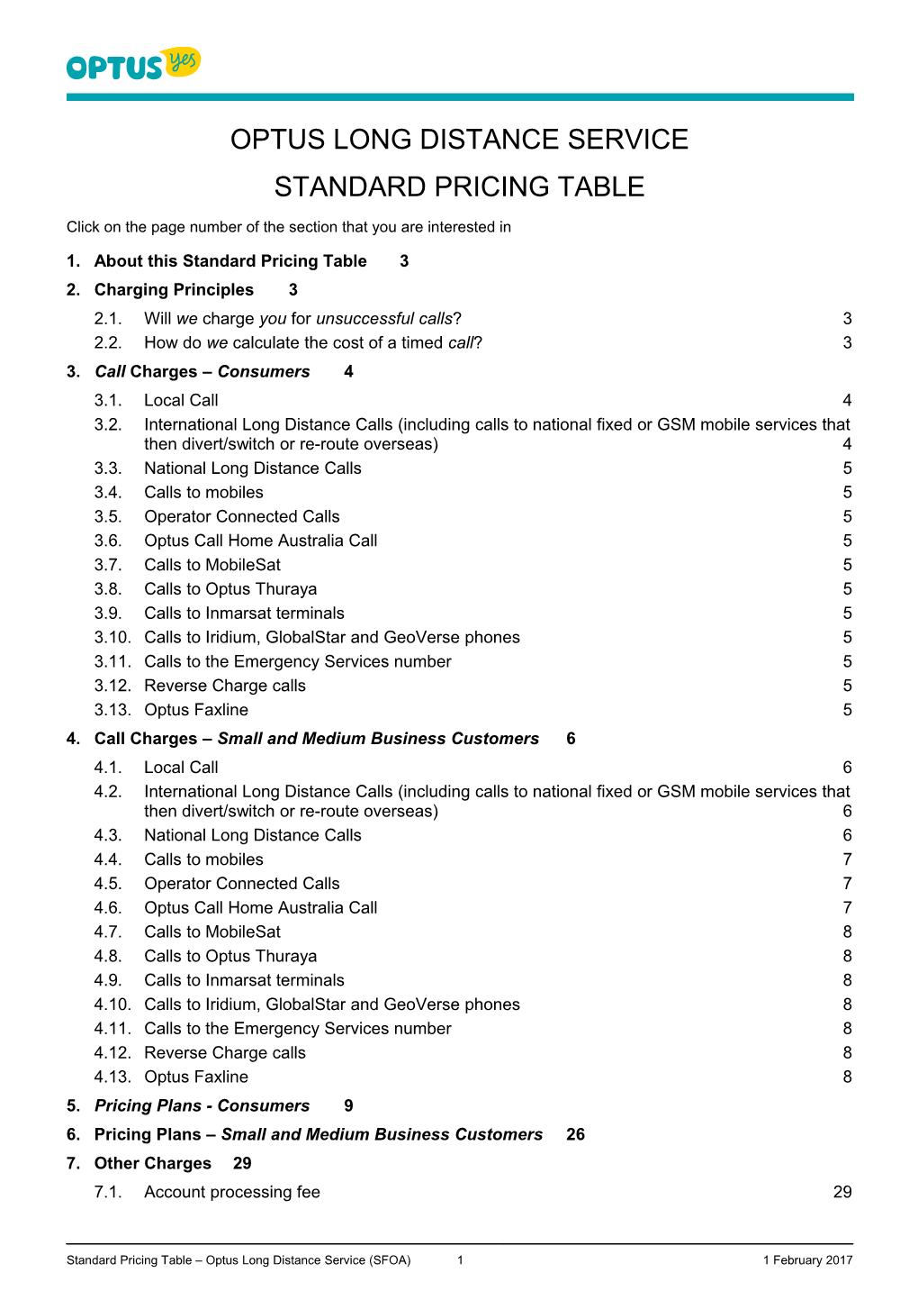 OPTUS LONG DISTANCE SERVICE STANDARD PRICING TABLE Click on the Page Number of the Section