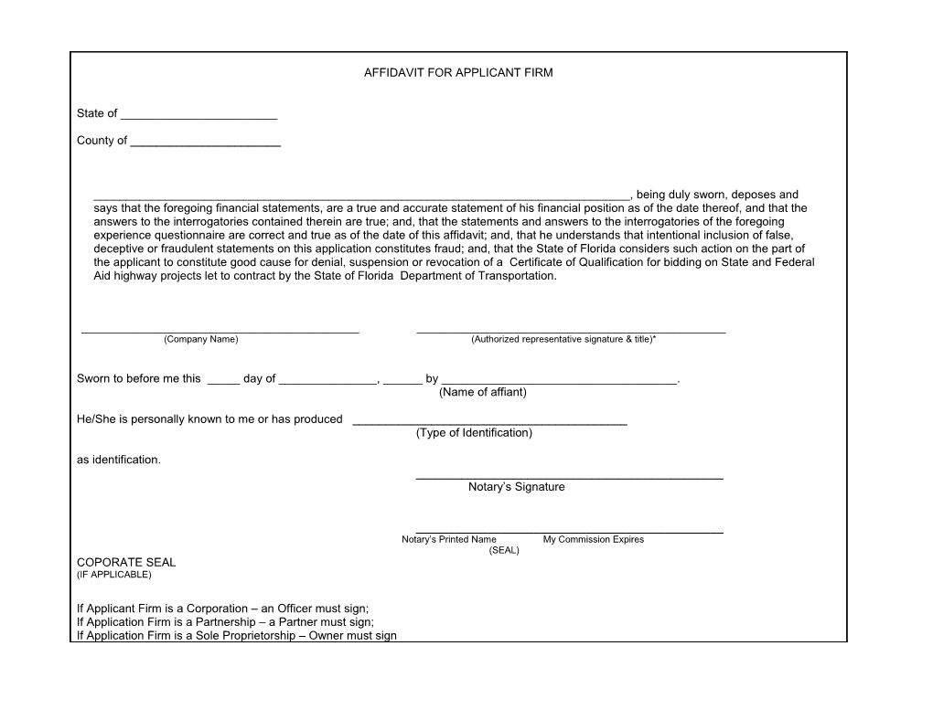 Affidavit for Applicant Firm