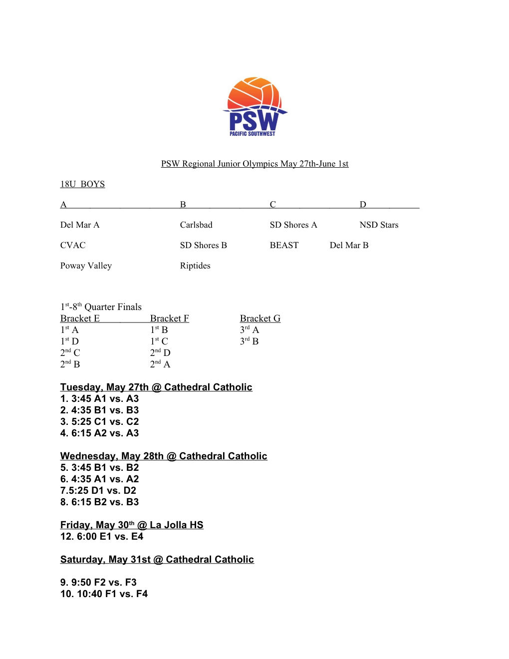 PSW Regional Junior Olympics May 27Th-June 1St