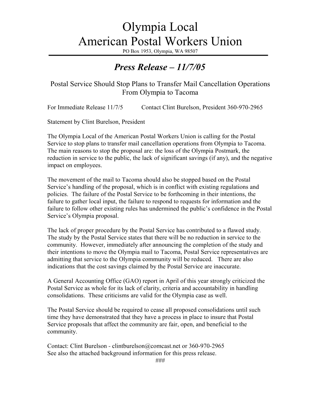 Press Release 11/7/05