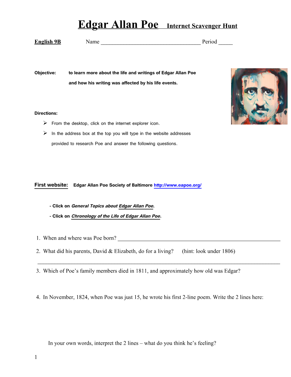 Edgar Allan Poe Internet Scavenger Hunt