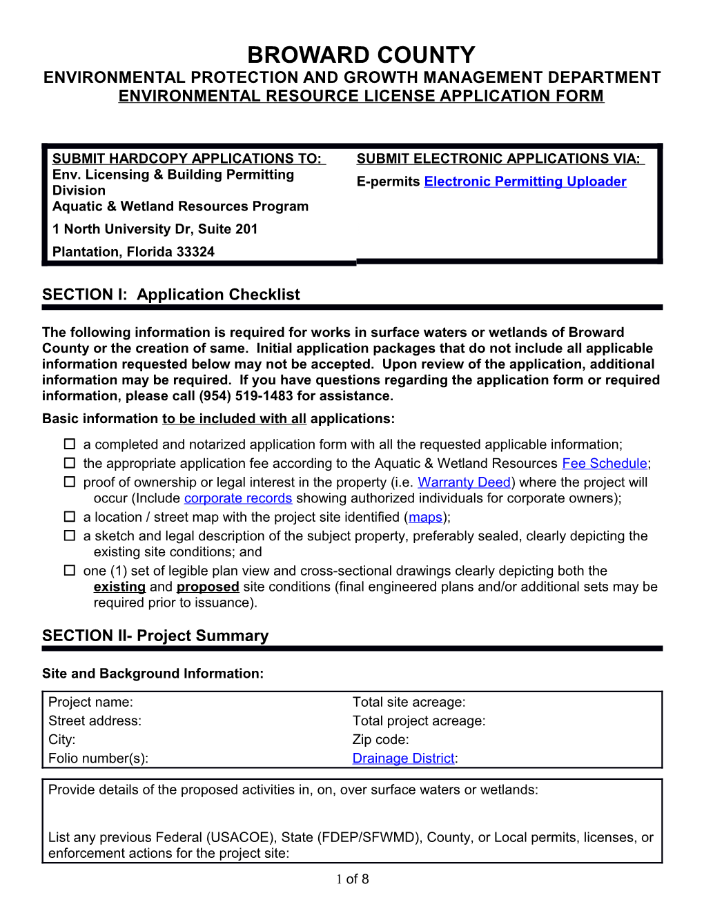 Broward County Environmental Resource License Application