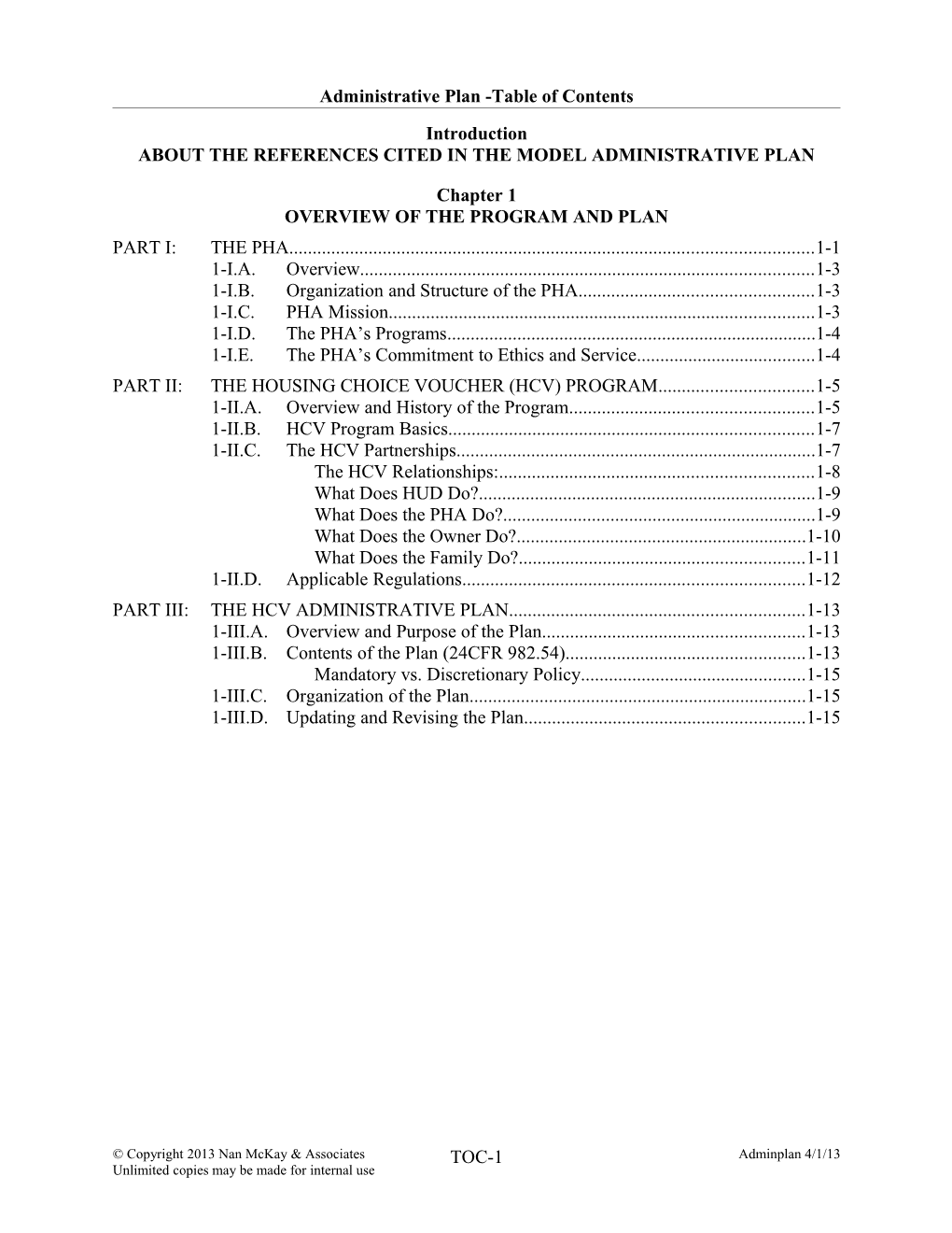 Administrative Plan -Table of Contents