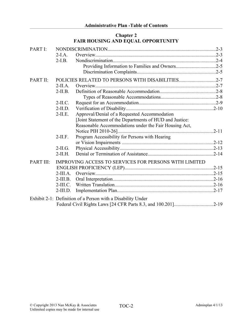 Administrative Plan -Table of Contents