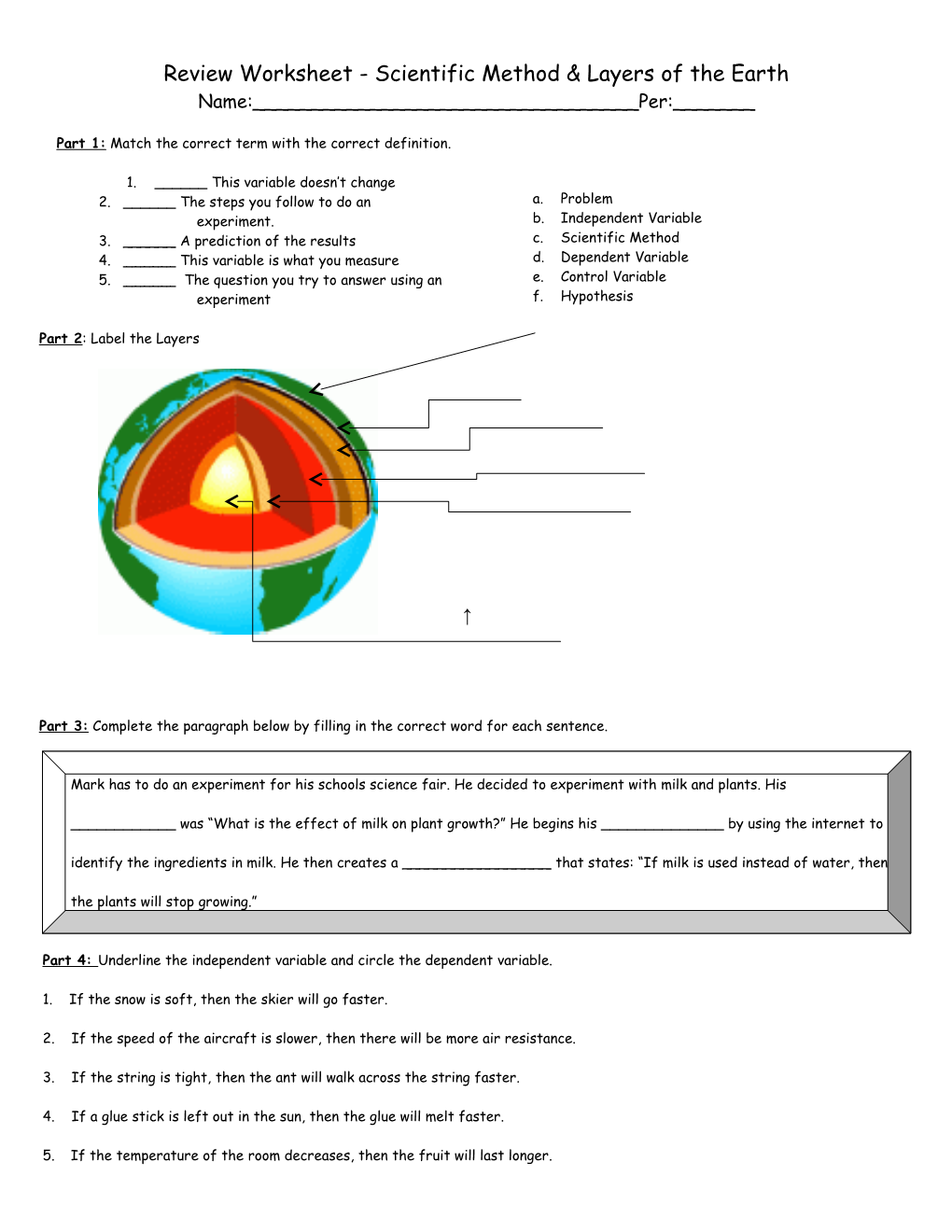 Review Worksheet - Scientific Method & Layers of the Earth