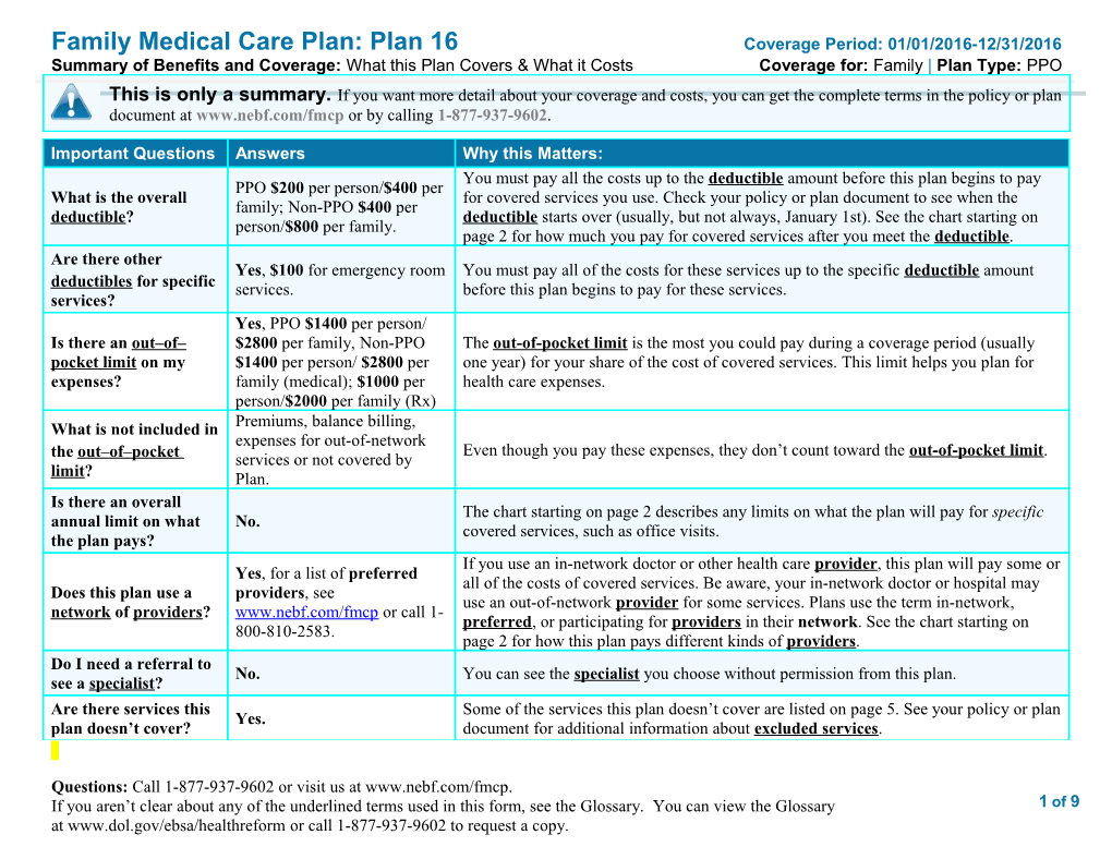 Family Medical Care Plan: Plan 16 Coverage Period: 01/01/2016-12/31/2016