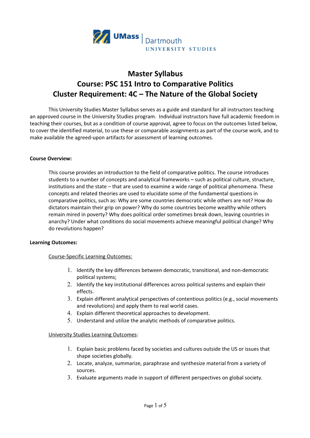 US PSC151 Master Syllabus