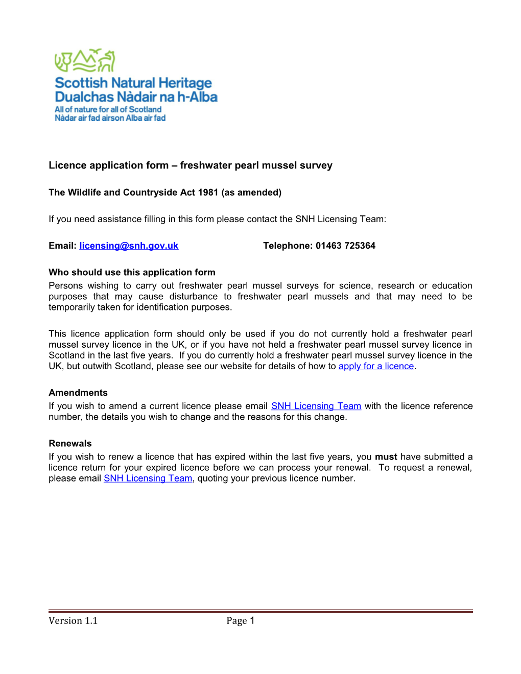 Licence Application Form Freshwater Pearl Mussel Survey