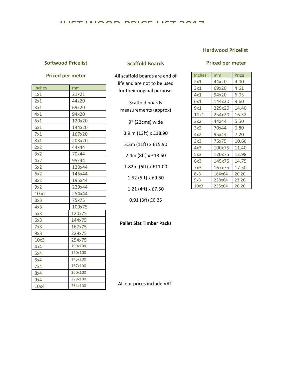 Just Wood Price List 2017