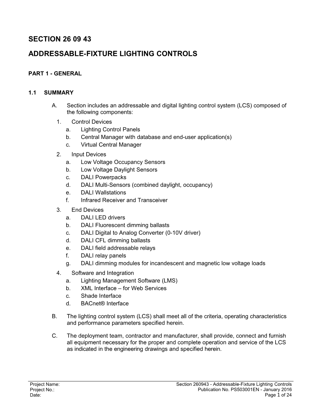 Section 260943 - Addressable-Fixture Lighting Controls