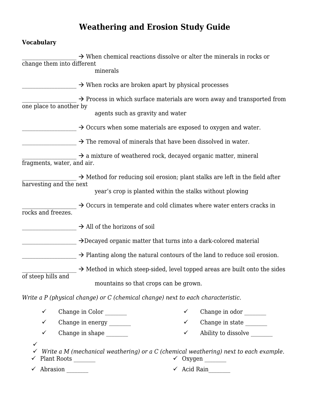 Weathering and Erosion Study Guide