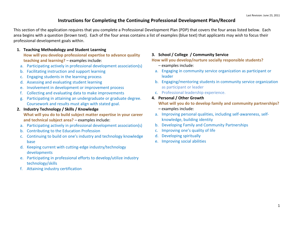 Instructions for Completing the Continuing Professional Development Plan/Record