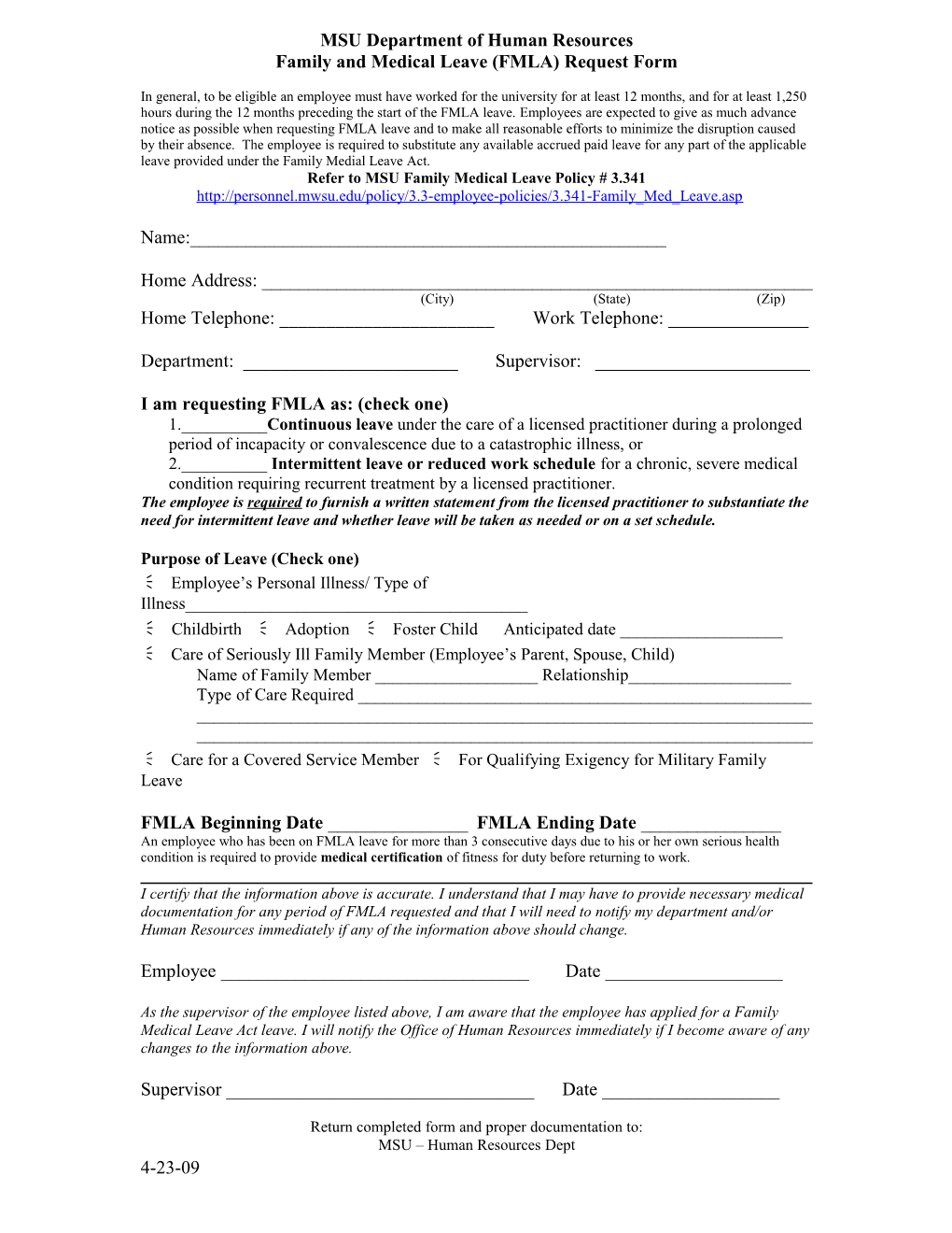 Family and Medical Leave (FMLA) Request Form