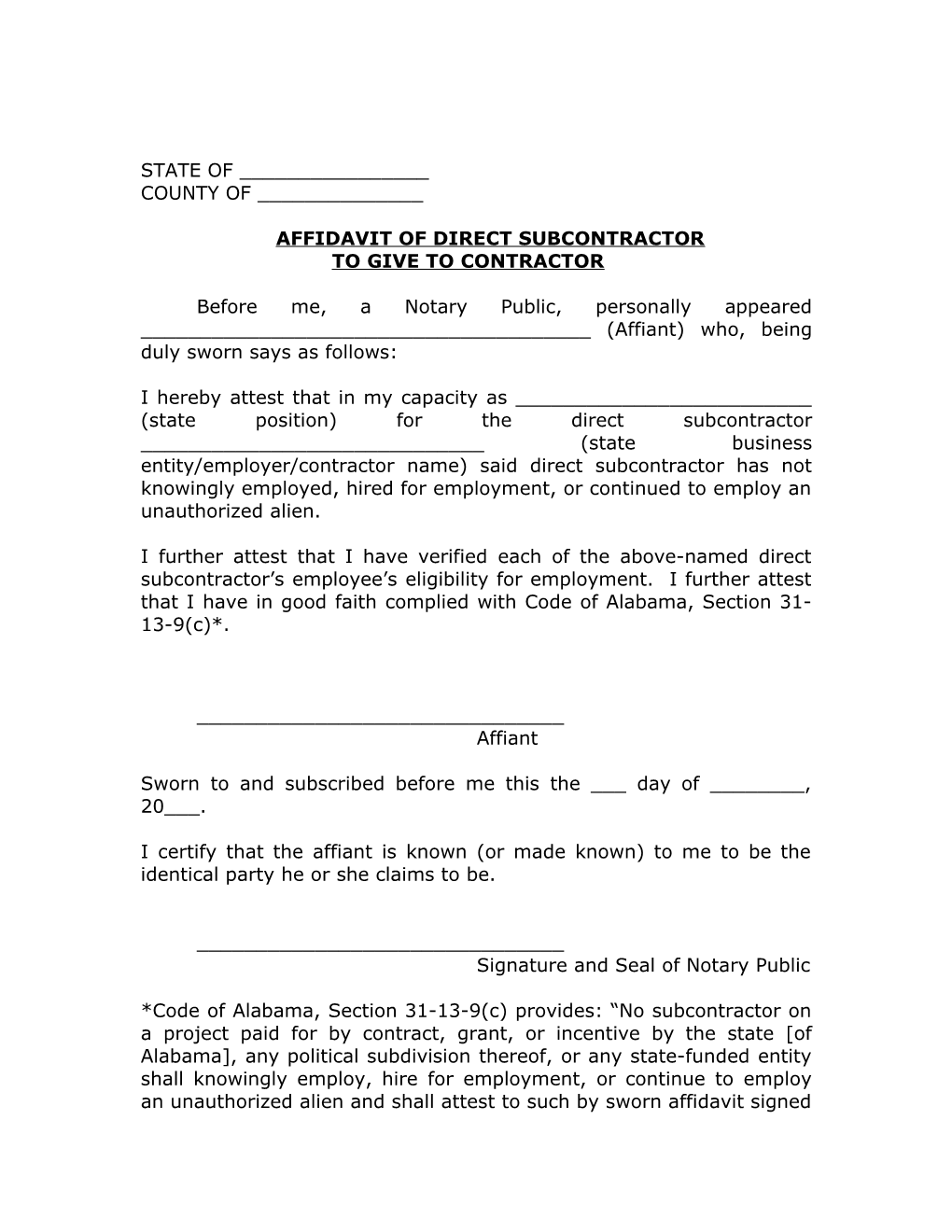 Affidavit of Direct Subcontractor