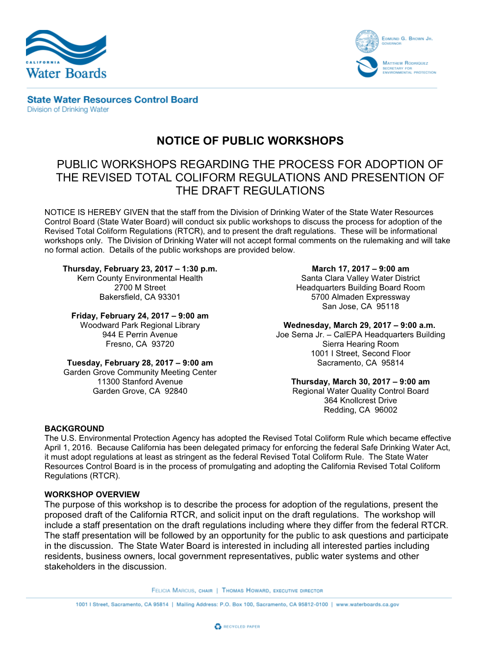 Notice of Public Workshops