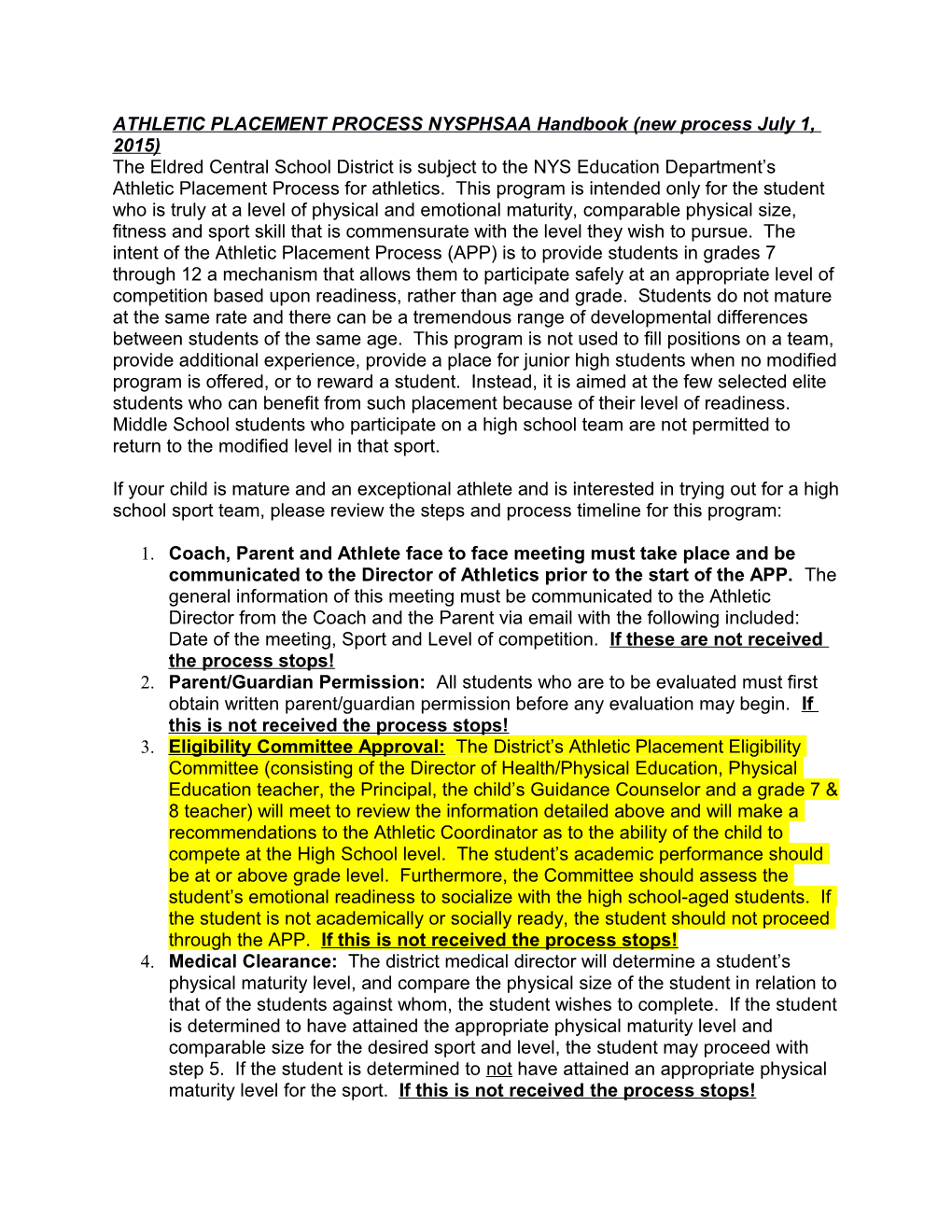 ATHLETIC PLACEMENT PROCESS NYSPHSAA Handbook (New Process July 1, 2015)