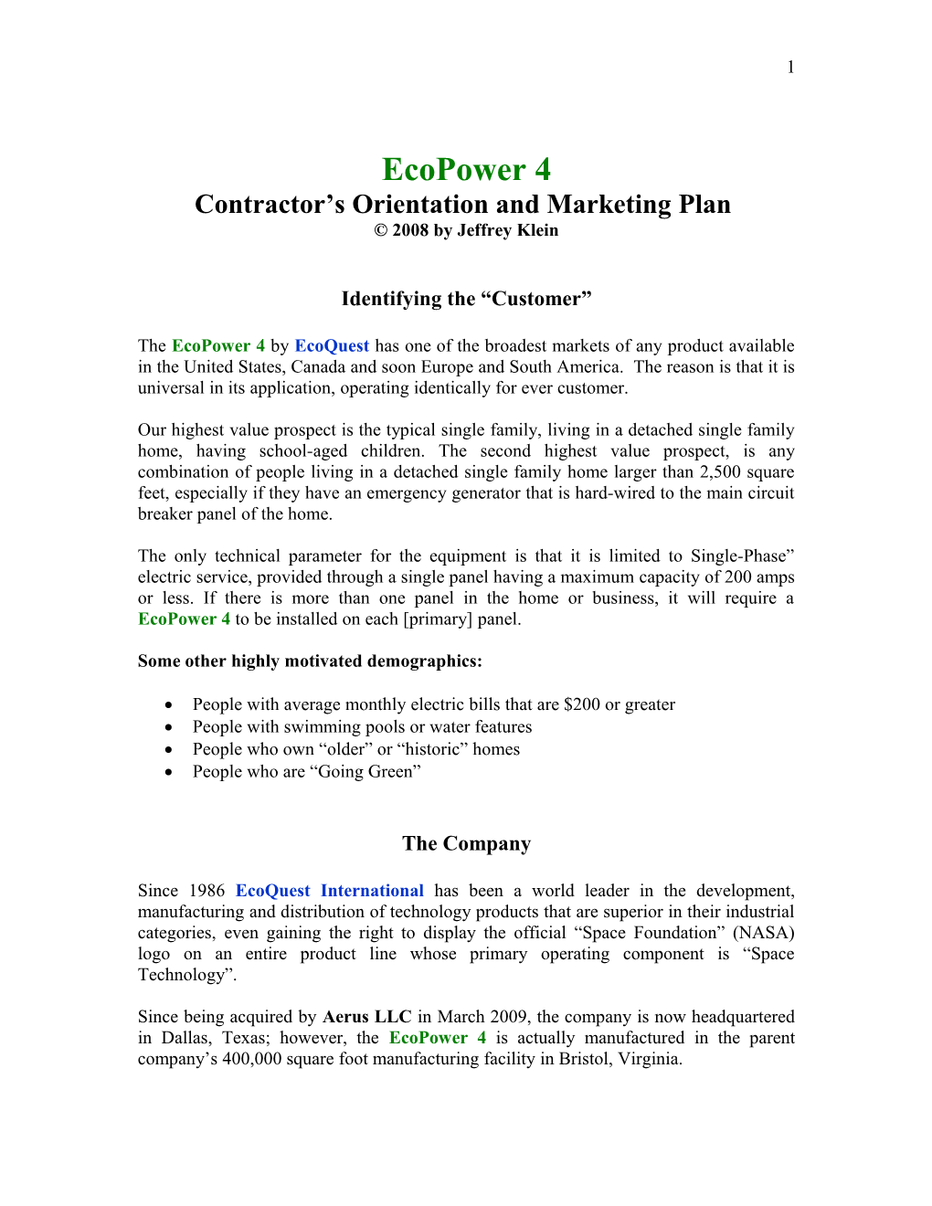 Contractor S Orientation and Marketing Plan