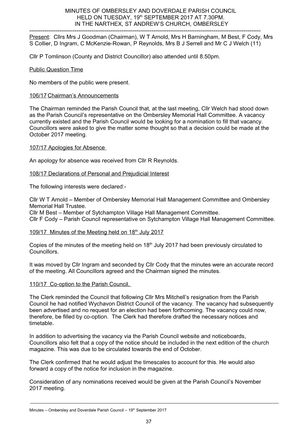 MINUTES of the MEETING of the OMBERSLEY and DOVERDALE PARISH COUNCIL HELD on TUESDAY, 16Th