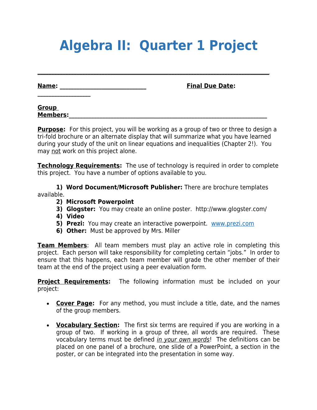 Algebra II: Quarter 1 Project