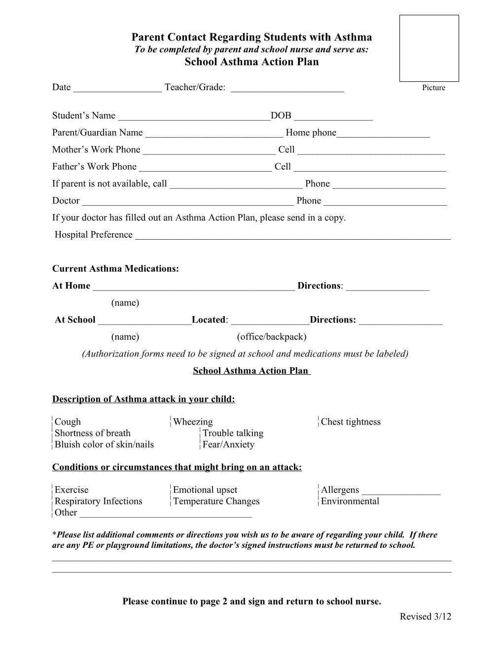 Parent Contact Regarding Students with Asthma