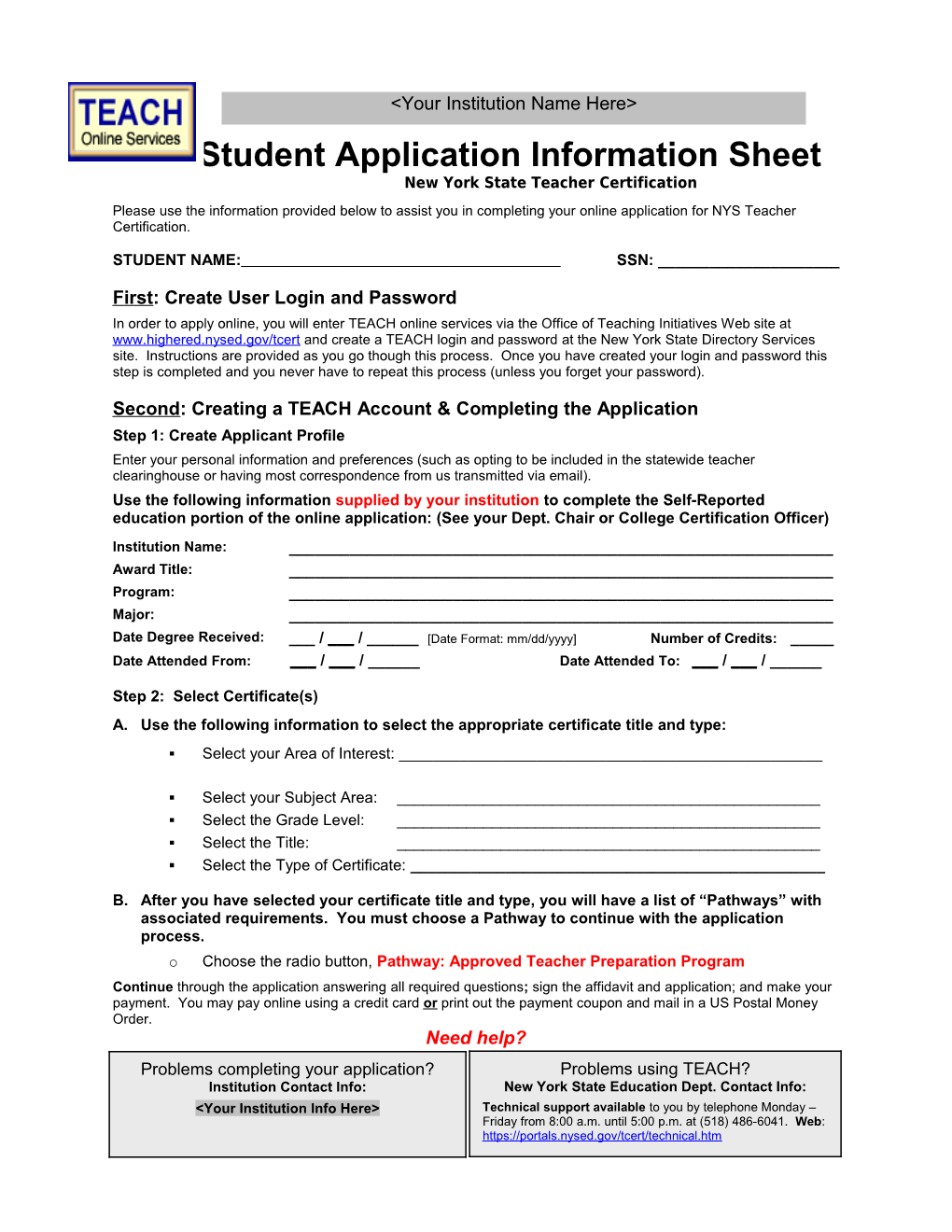 Student Application Information Sheet