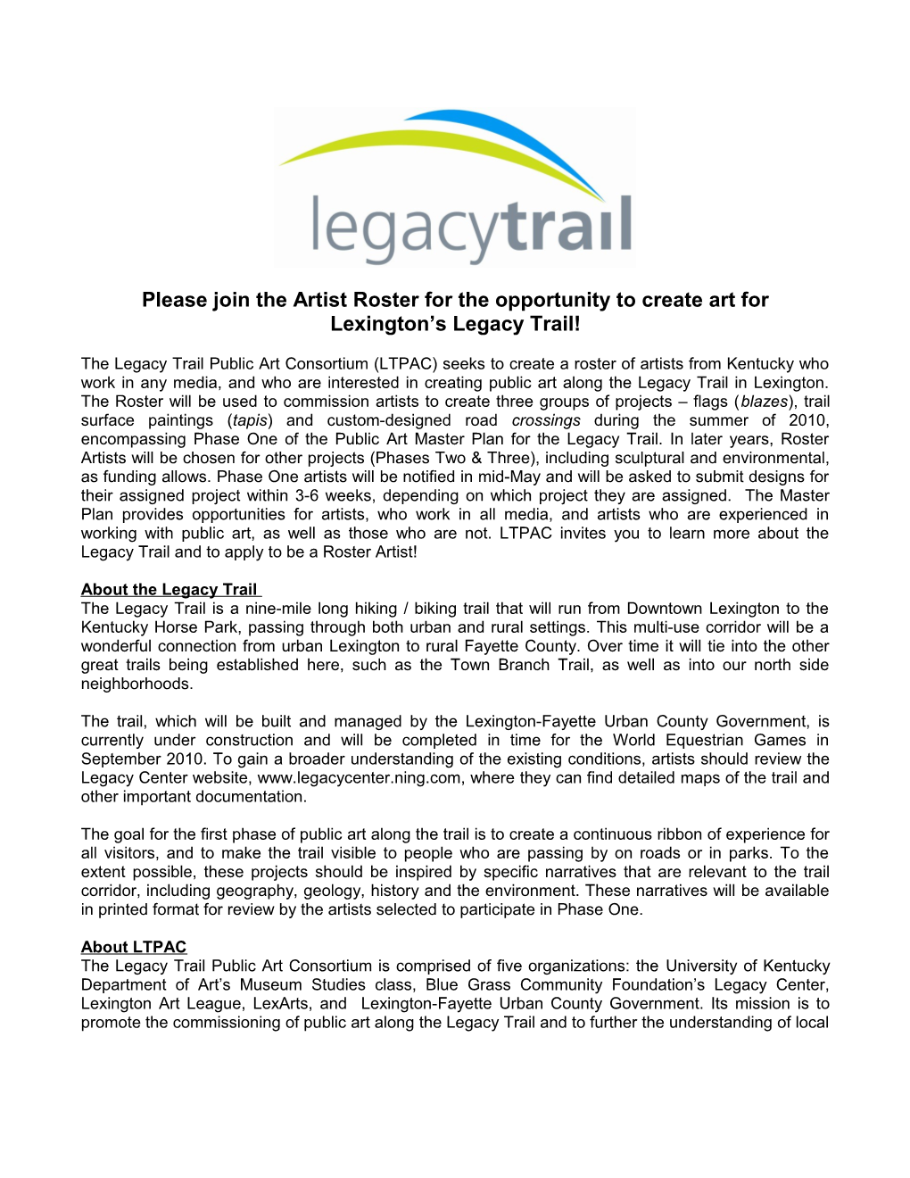 Please Join the Artist Roster for the Opportunity to Create Art for Lexington S Legacy Trail!