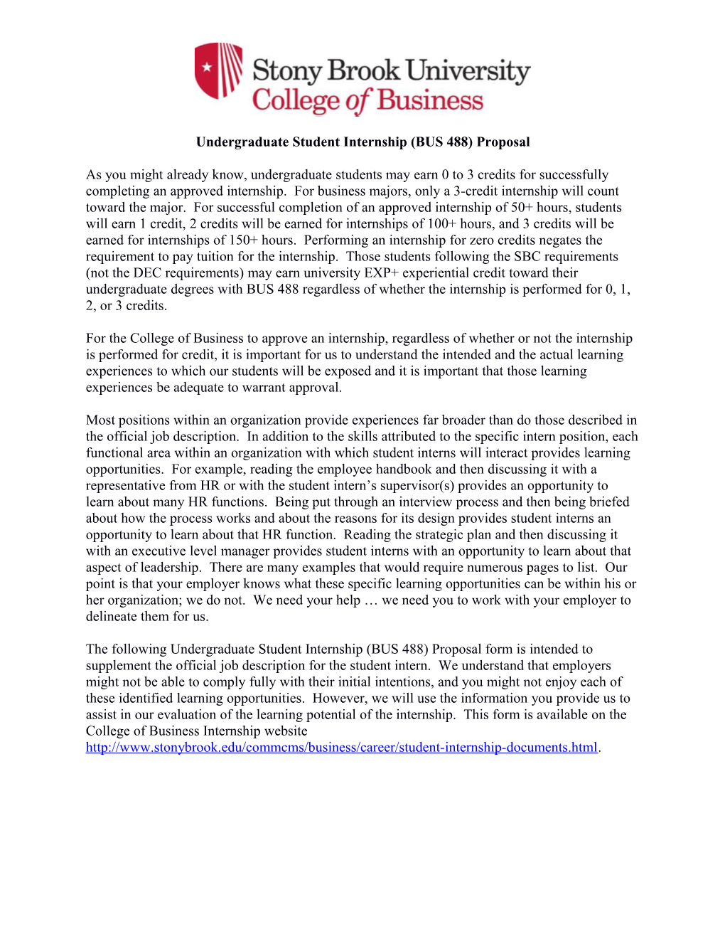 Undergraduate Student Internship (BUS 488) Proposal