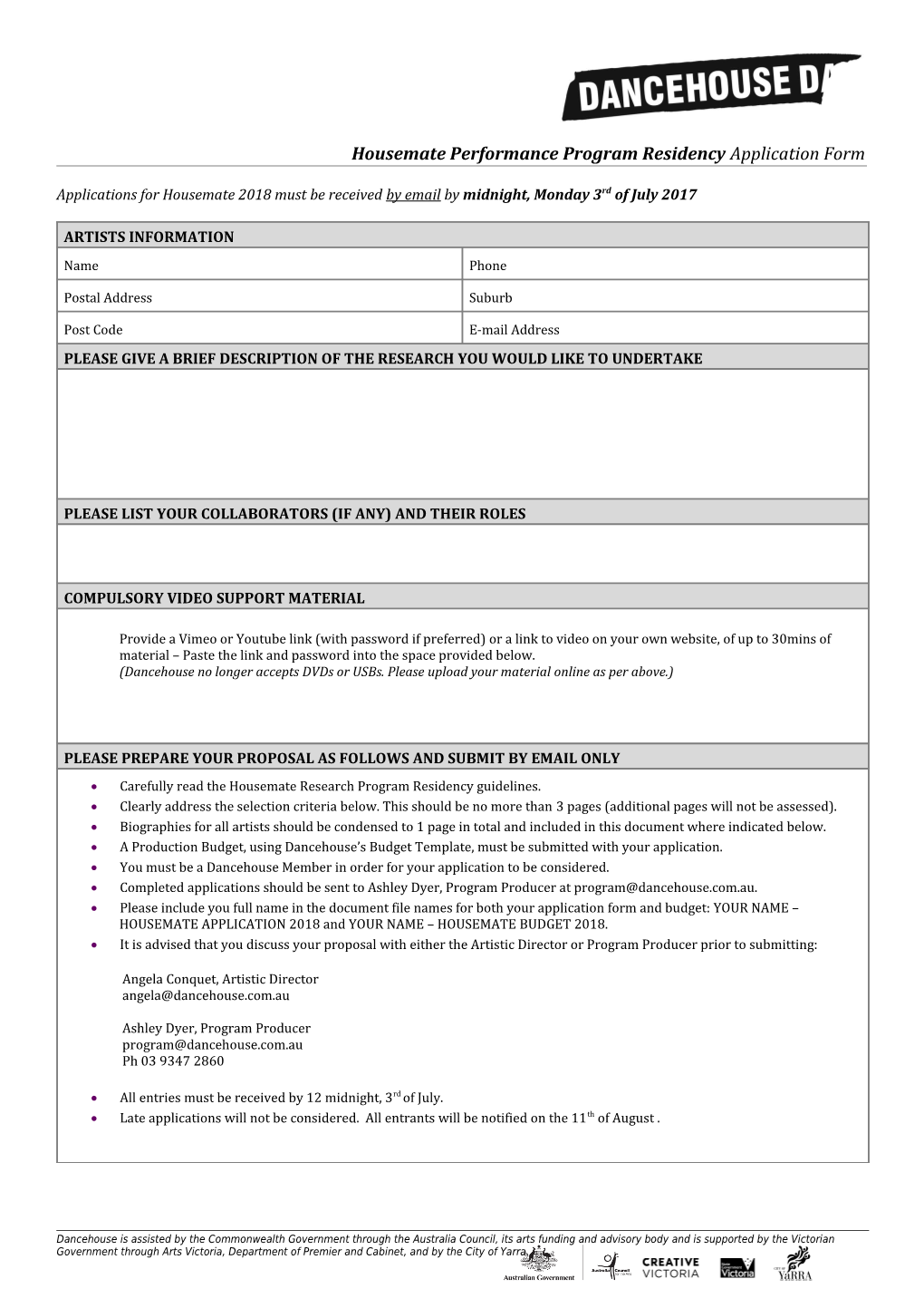 Housemate Performance Program Residency Application Form