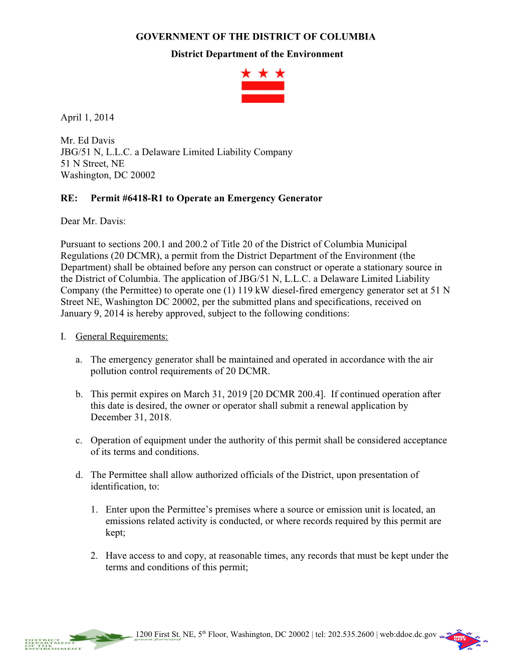 Permit # 6418-R1 to Operate an Emergency Generator