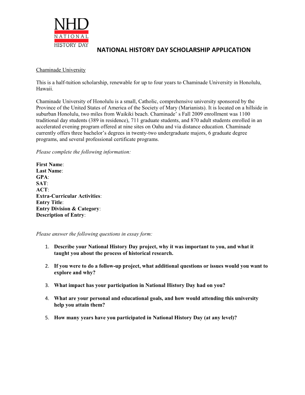 National History Day Scholarship Application