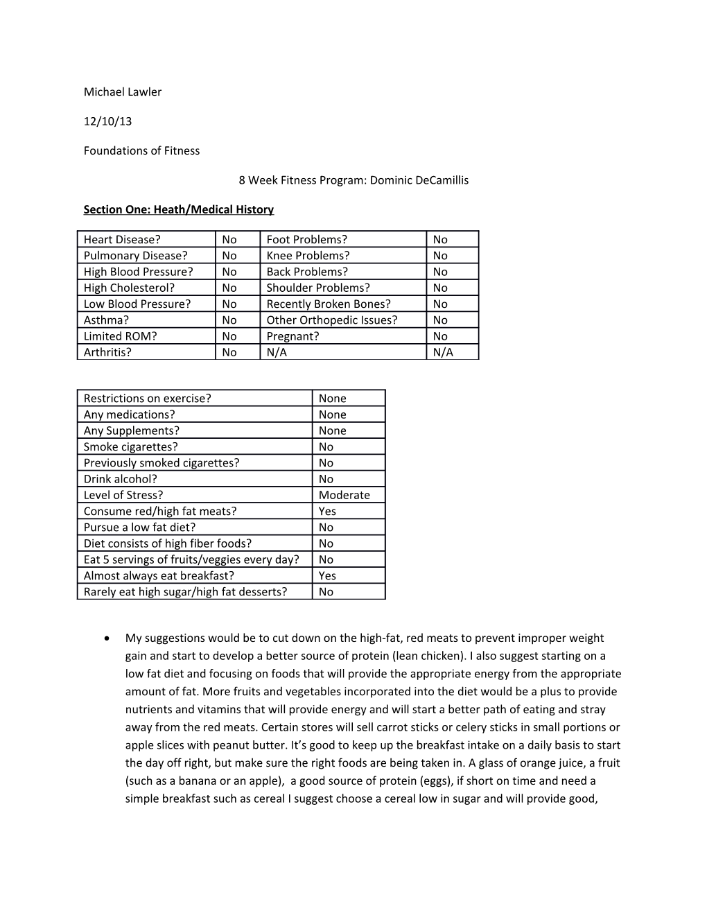 Section One: Heath/Medical History