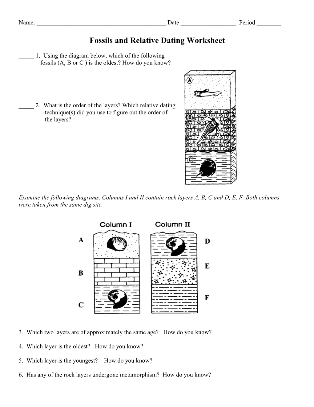 Fossils Worksheet Earth Science