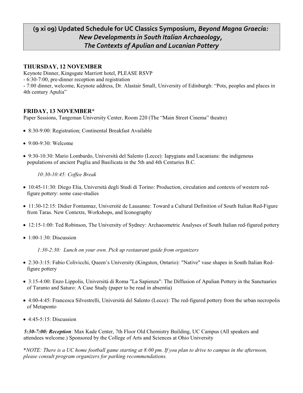 (9Xi09)Updated Schedule for UC Classics Symposium, Beyond Magna Graecia