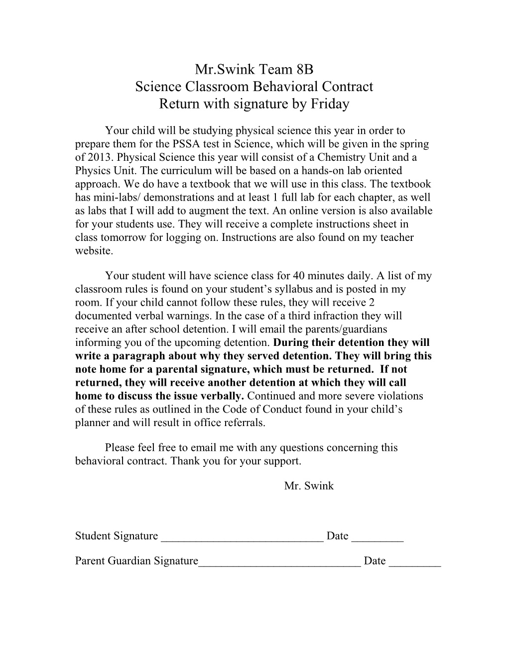 Science Classroom Behavioral Contract