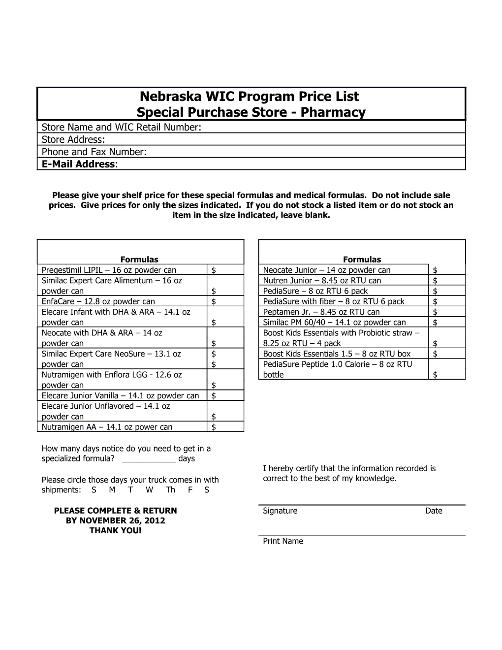 Nebraska WIC Program Price List - Grocery Stores