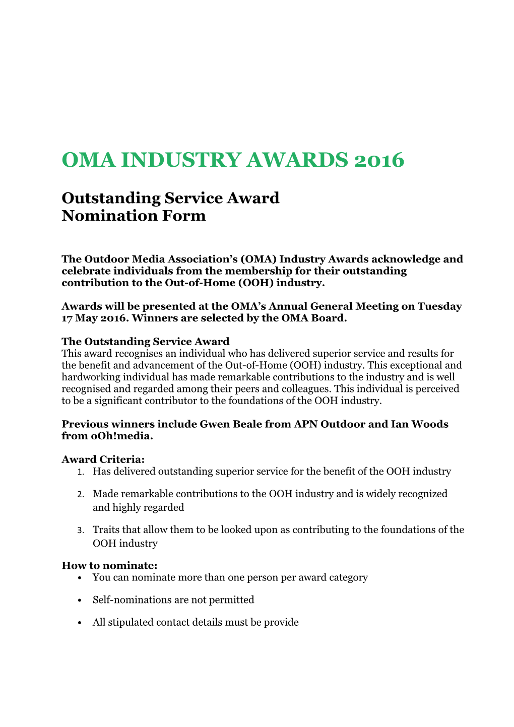 OMA INDUSTRY AWARDS 2016 Outstanding Service Award Nomination Form