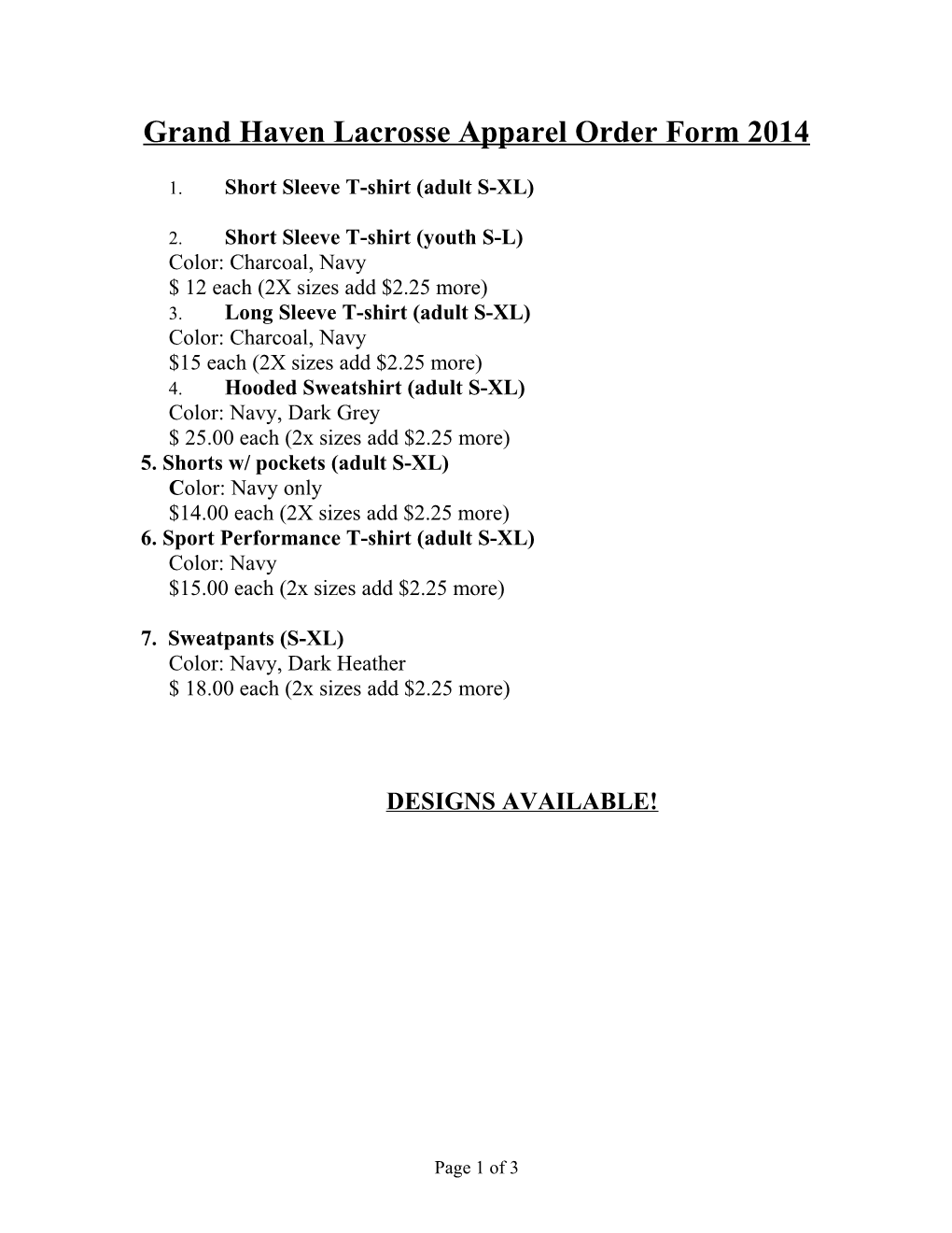 Grand Haven Lacrosse Apparel Order Form 2014