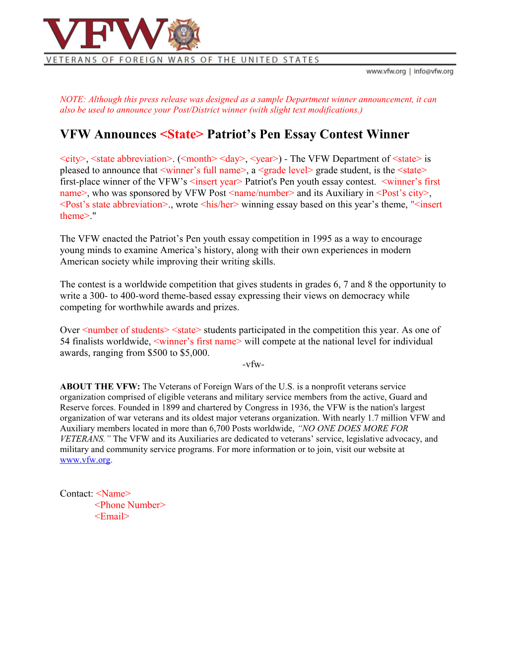 VFW Announces &lt;State&gt; Patriot S Pen Essay Contest Winner