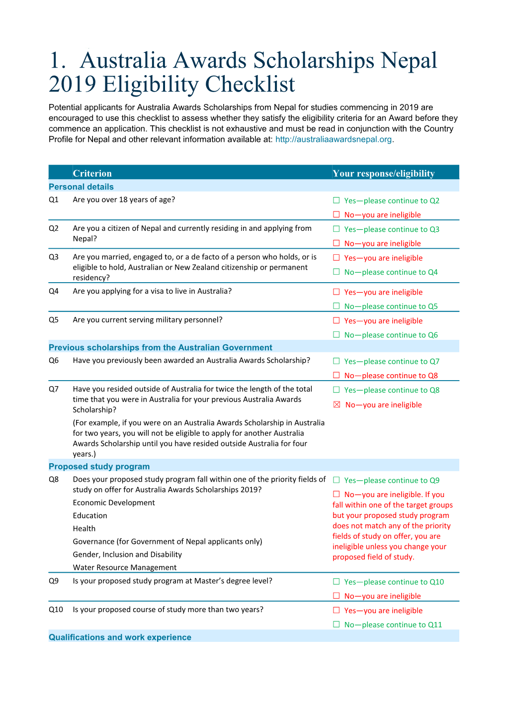 Australia Awards Scholarships Nepal 2019 Eligibility Checklist