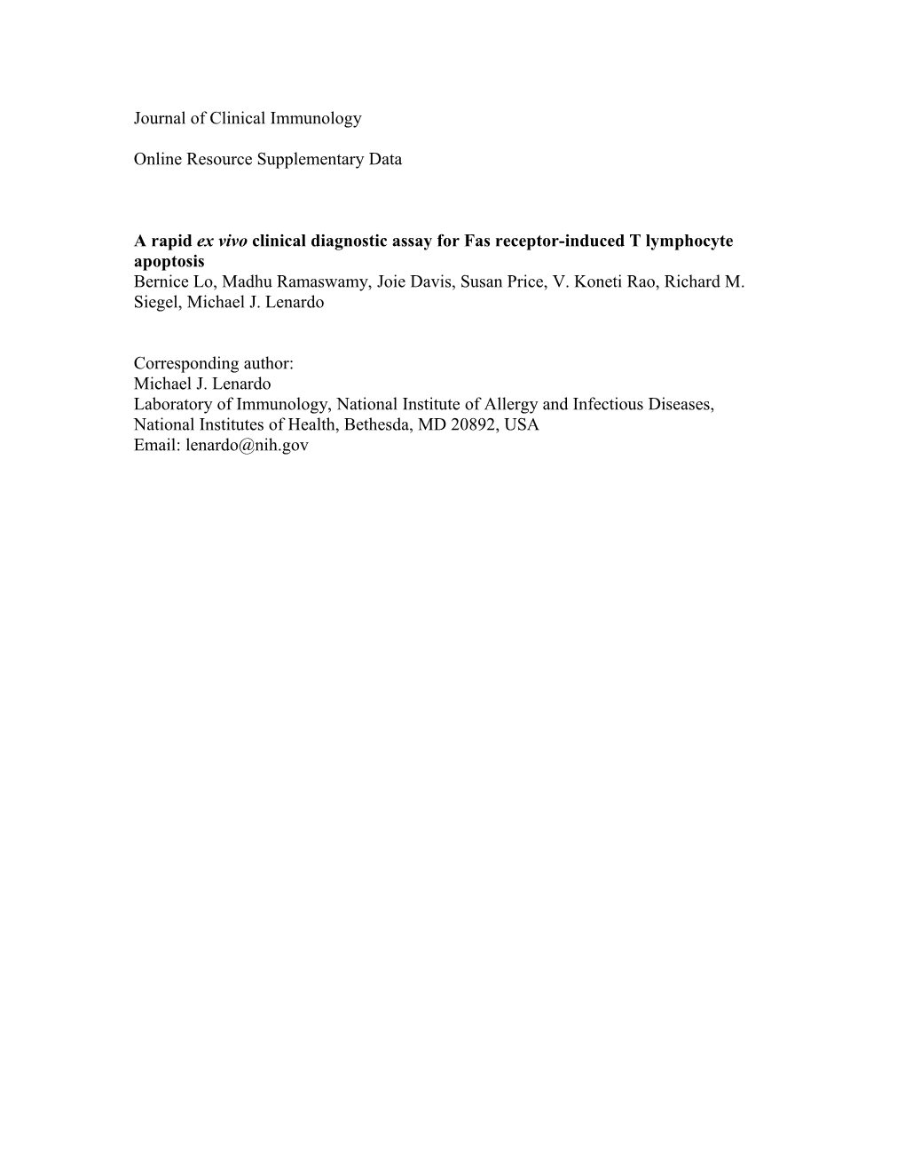 A Rapid Ex Vivo Clinical Diagnostic Assay for Fas Receptor-Induced T Lymphocyte Apoptosis