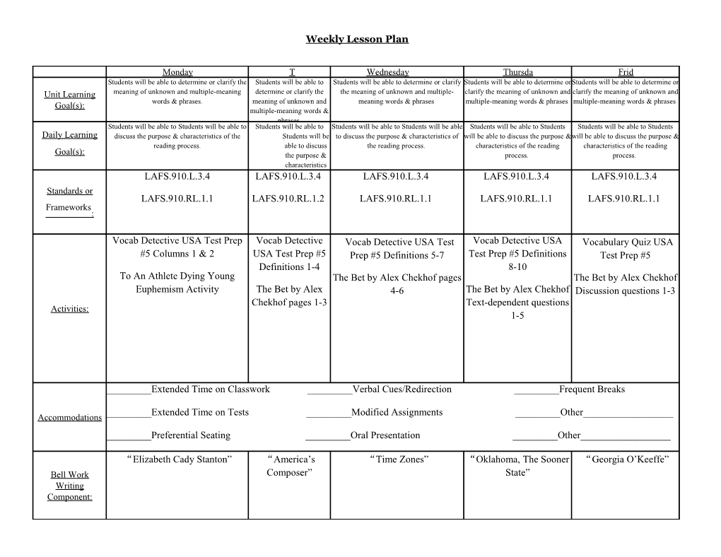 Weekly Lesson Plan s3