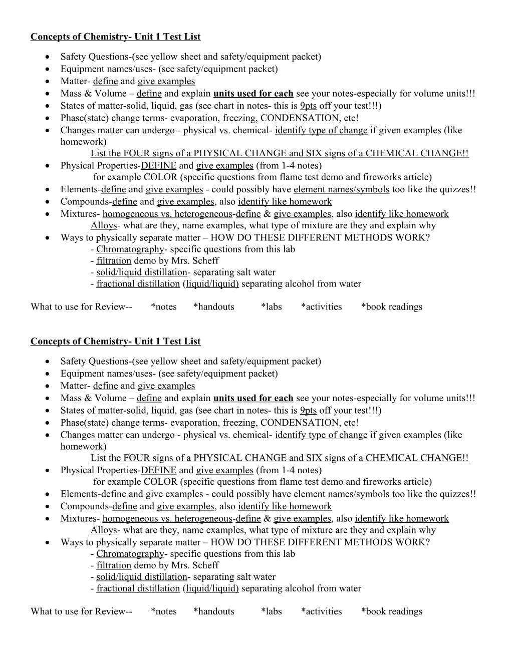 Matter and Change- Unit 1 Test List