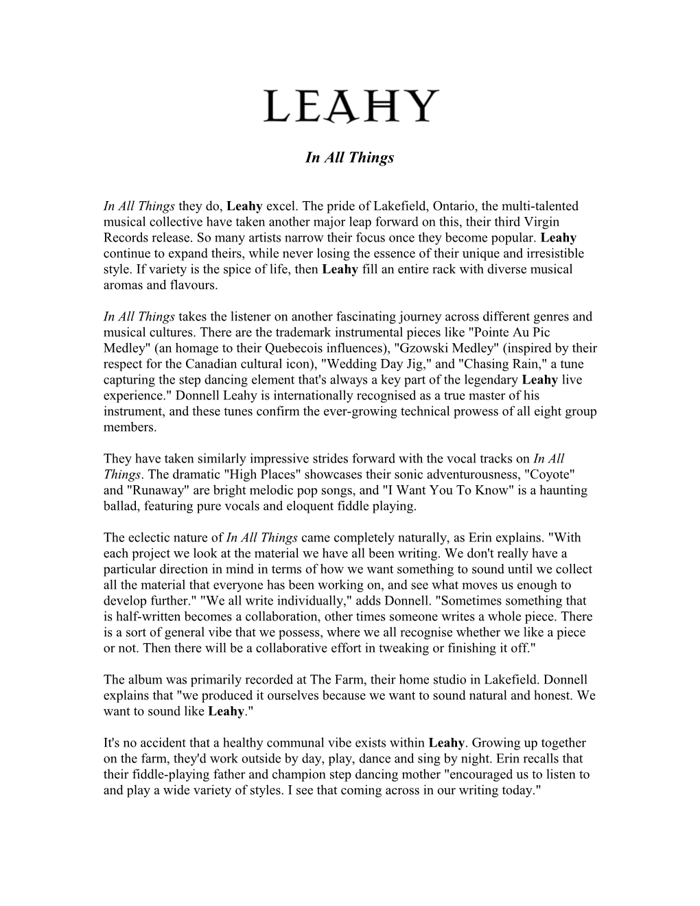 In All Things in All Things They Do, Leahy Excel. the Pride of Lakefield, Ontario, The