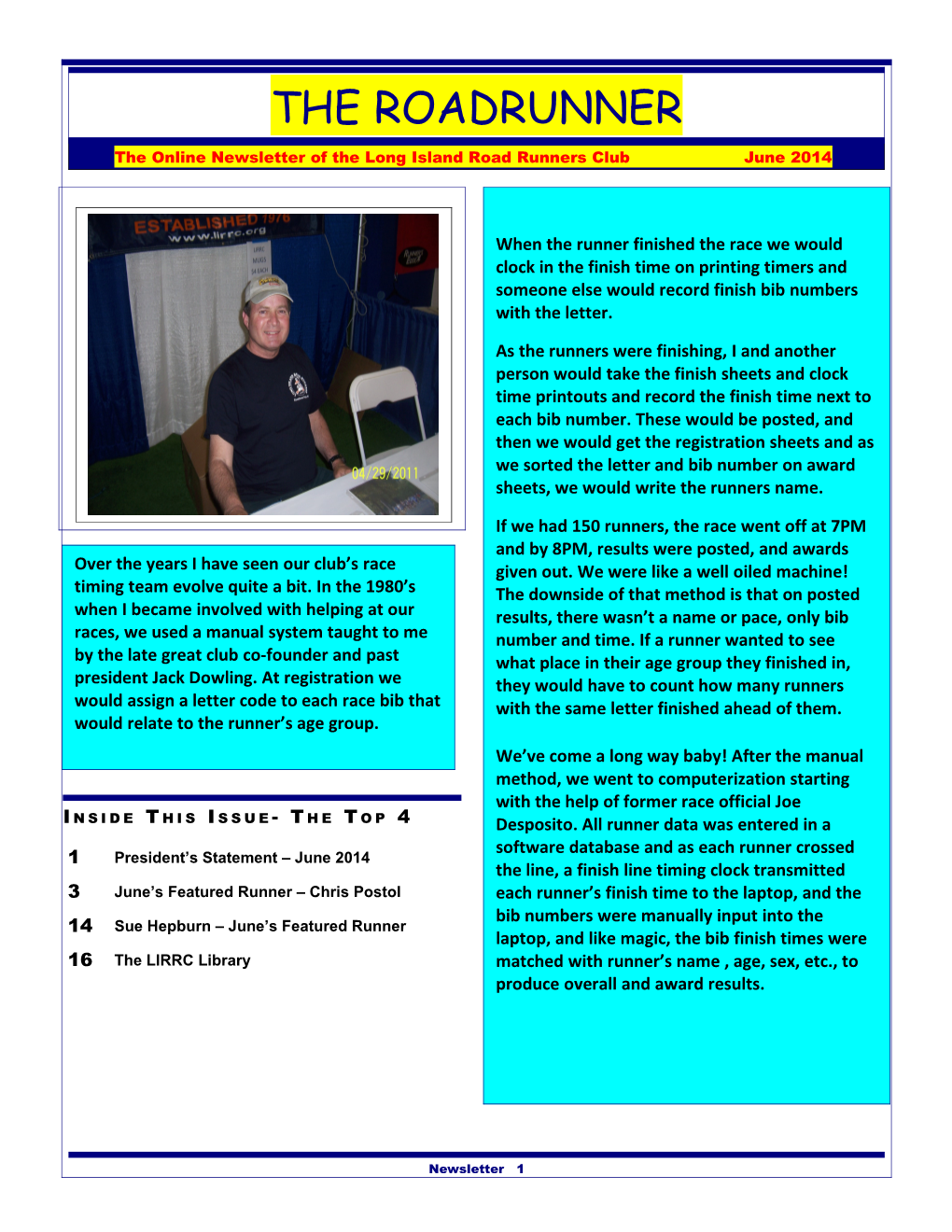 The Online Newsletter of the Long Island Road Runners Club June 2014