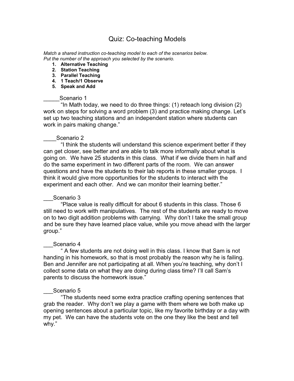 Quiz: Co-Teaching Arrangements