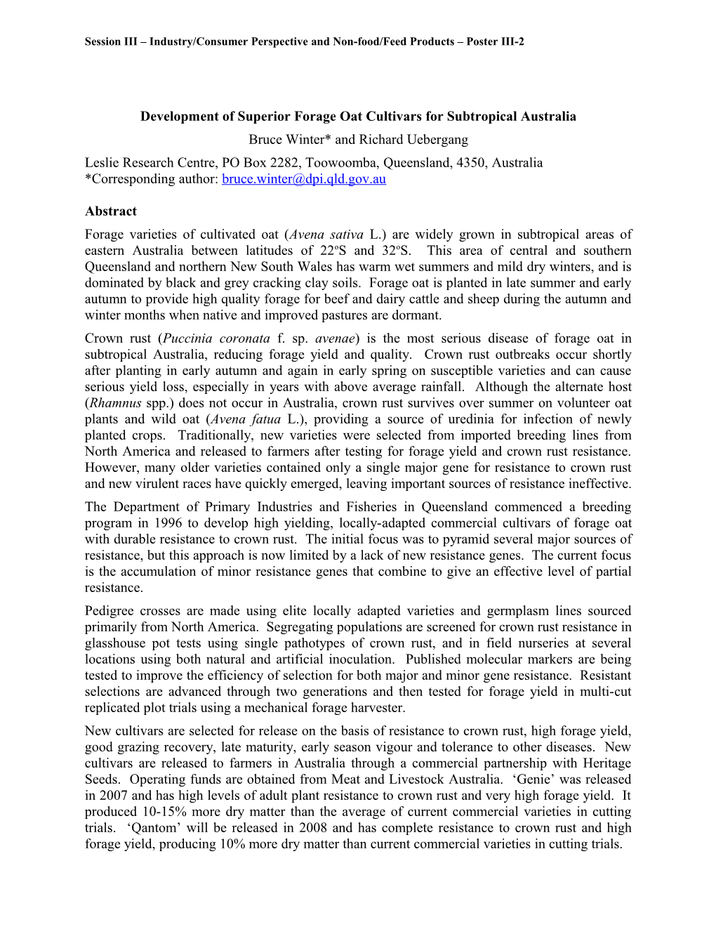 Development of Superior Forage Oat Cultivars for Subtropical Australia