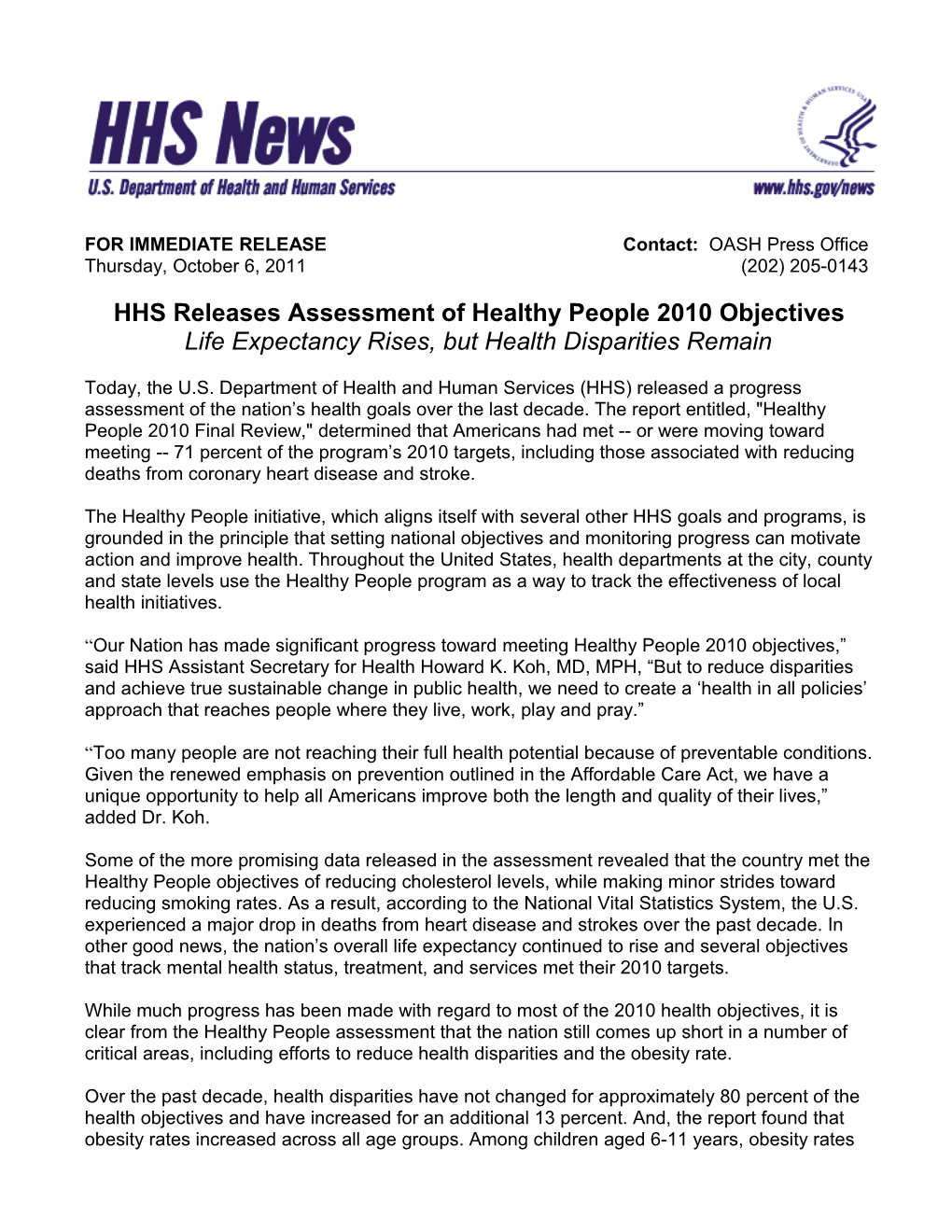 HHS Releases Assessment of Healthy People 2010 Objectives